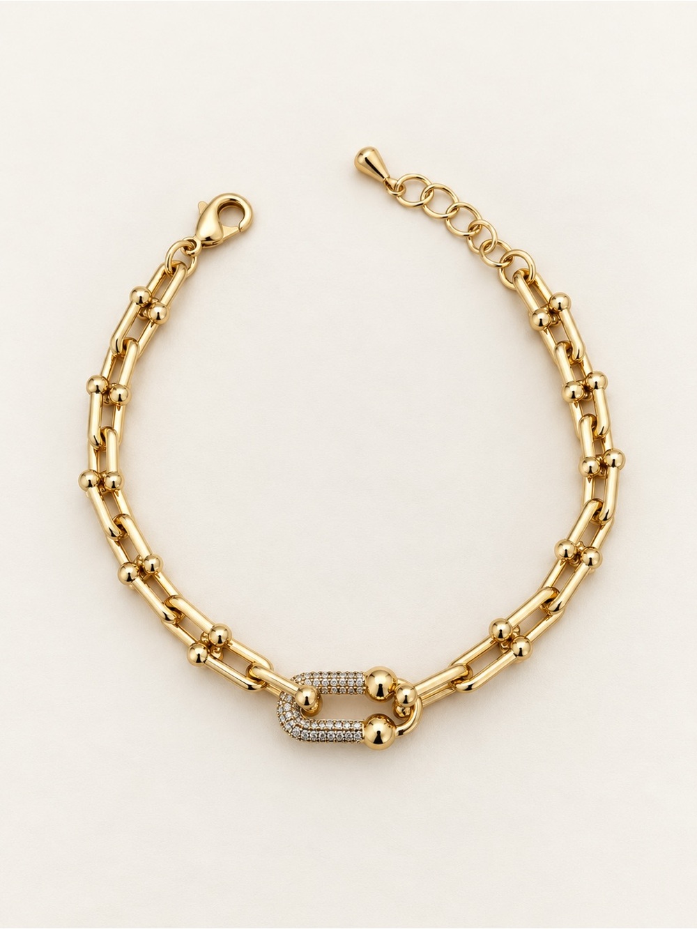 14K Gold Plated Pavé Carabiner Link Chain Bracelet Adjustable
